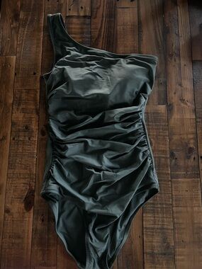 J CREW One-Shoulder Ruched Swimsuit in Olive Green